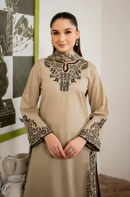 zab832 Winter Unstitched 3PCs Embroidered Dress With Printed Dhanak Shawl