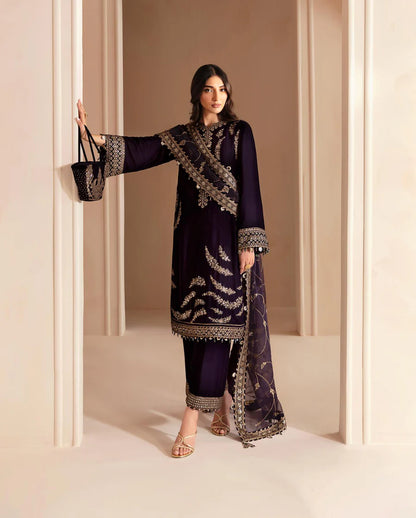 3PCs Embroidered Velvet Dress With Shamooz Silk Trouser - zab968