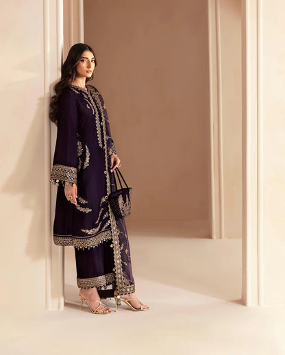 3PCs Embroidered Velvet Dress With Shamooz Silk Trouser - zab968