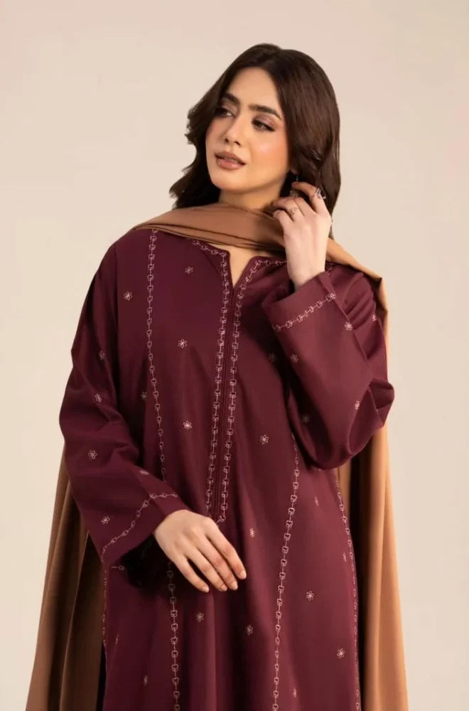 Sapphire - 3PC Dhanak Embroidered Shirt With Wool Embroidered Dupatta and Trouser - zab1510