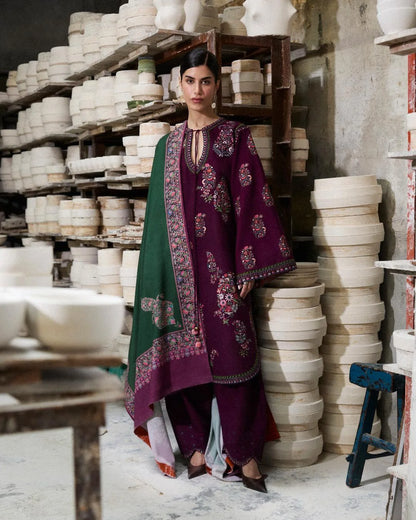 Hussain rehar - Winter 3PC Dhanak Embroidered Suit - zab1505