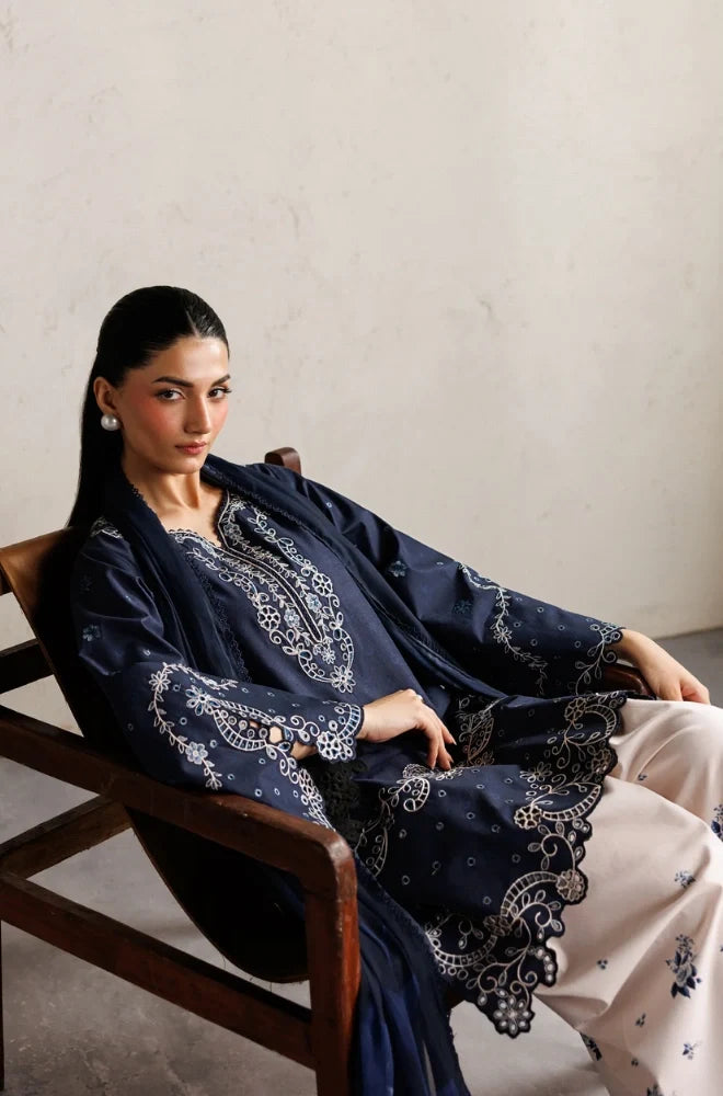 Iznik - 3PC Unstitched Silk Embroidered Shirt with Digital Printed Shawl and Trouser - zab1546