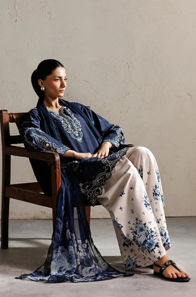 Iznik - 3PC Unstitched Silk Embroidered Shirt with Digital Printed Shawl and Trouser - zab1546