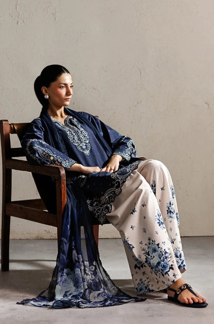Iznik - 3PC Unstitched Silk Embroidered Shirt with Digital Printed Shawl and Trouser - zab1546