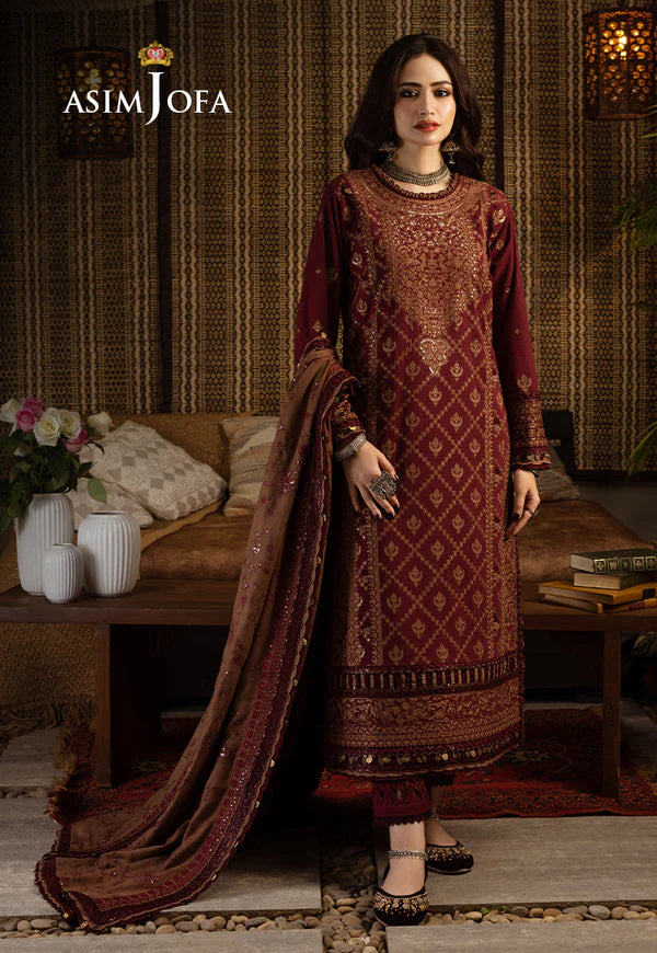 Asim Jofa, unstitched 3 piece Dhanak sequence embroidered suit - zab1257