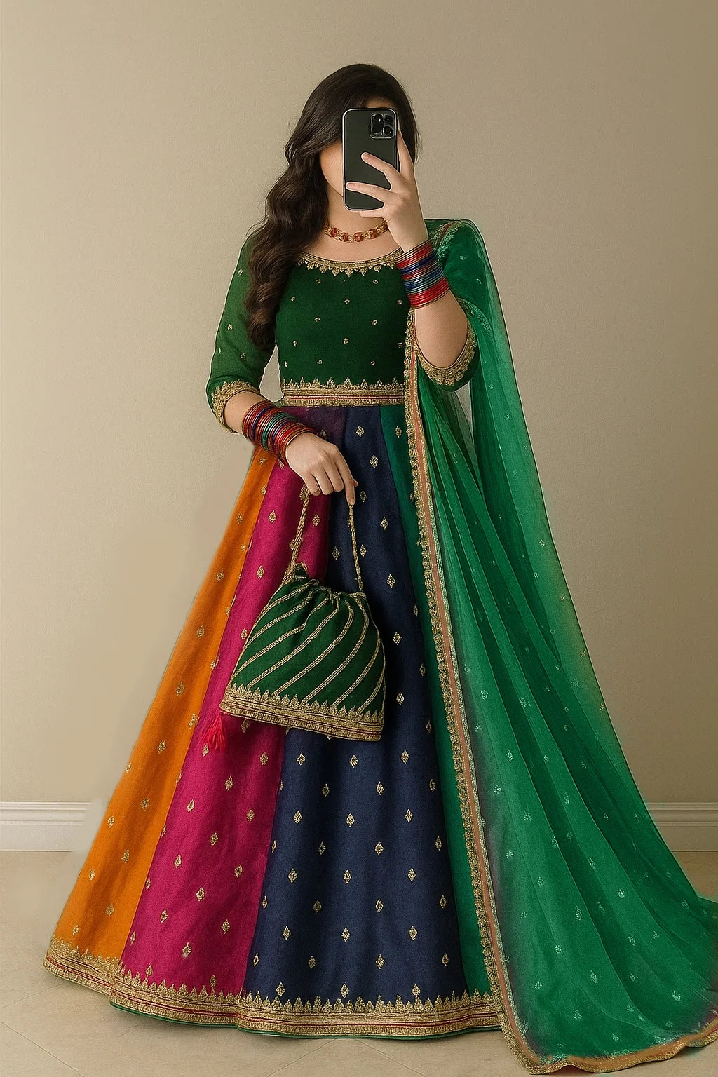 Kataan Silk 3 Piece Embroidered Lehenga - zab1141