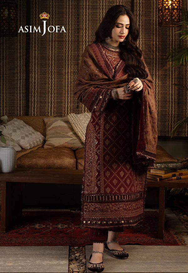 Asim Jofa, unstitched 3 piece Dhanak sequence embroidered suit - zab1257