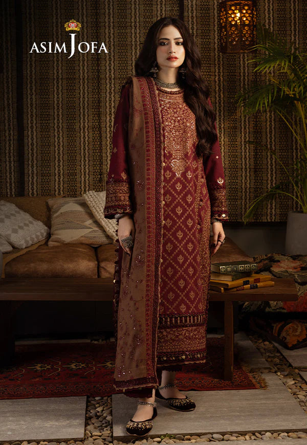 Asim Jofa, unstitched 3 piece Dhanak sequence embroidered suit - zab1257