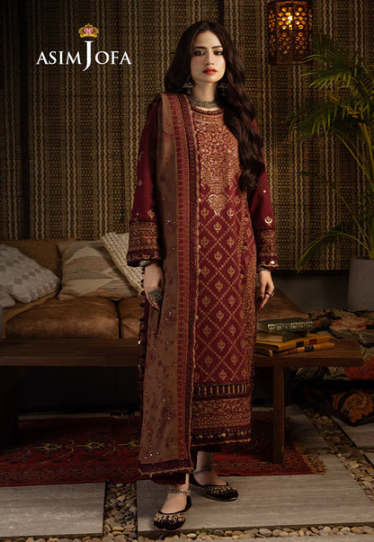 Asim Jofa, unstitched 3 piece Dhanak sequence embroidered suit - zab1257