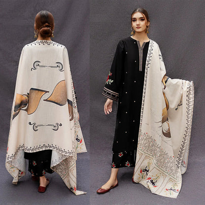 DHANAK 3PC EMBROIDERED SHIRT WITH DIGITAL PRINTED WOOL SHAWL- zab1127