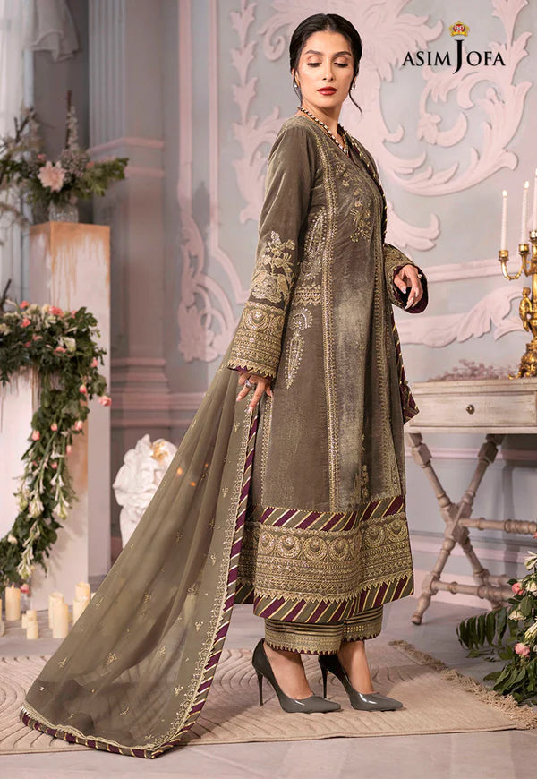 Asim Jofa - Velvet Dress with Pure Chiffon Embroidered Dupatta - zab993