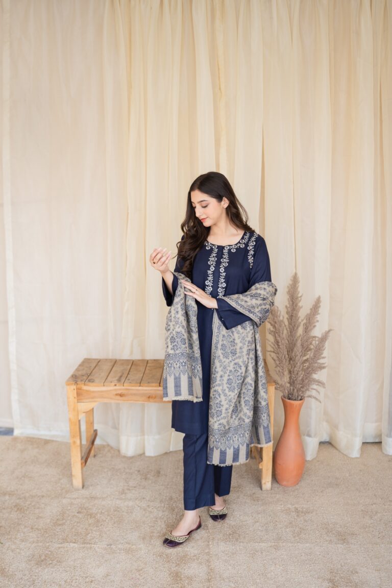 zab694 3-PC Dhanak suit with Embroidered Shawl