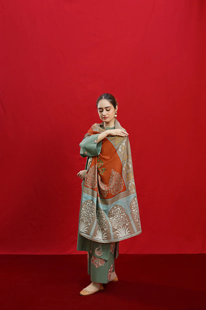 zab870 - 3PC DHANAK EMBROIDERED SHIRT WITH PASHMINA PRINT SHAWL