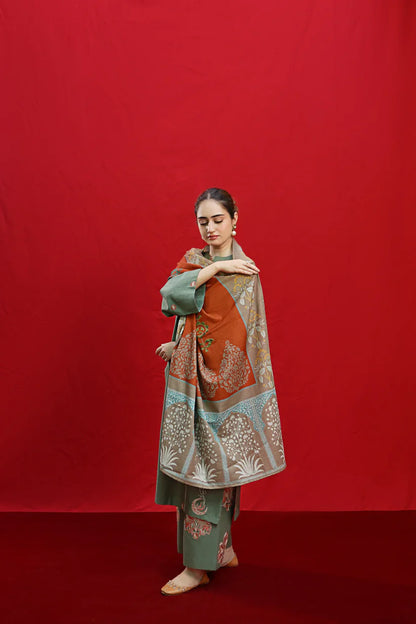 zab870 - 3PC DHANAK EMBROIDERED SHIRT WITH PASHMINA PRINT SHAWL