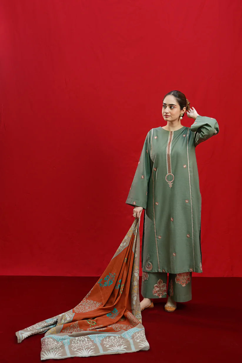 zab870 - 3PC DHANAK EMBROIDERED SHIRT WITH PASHMINA PRINT SHAWL