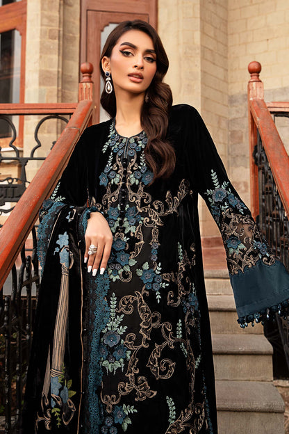 3PC Embroidered Velvet Dress with Plachi Velvet Shawl - zab995