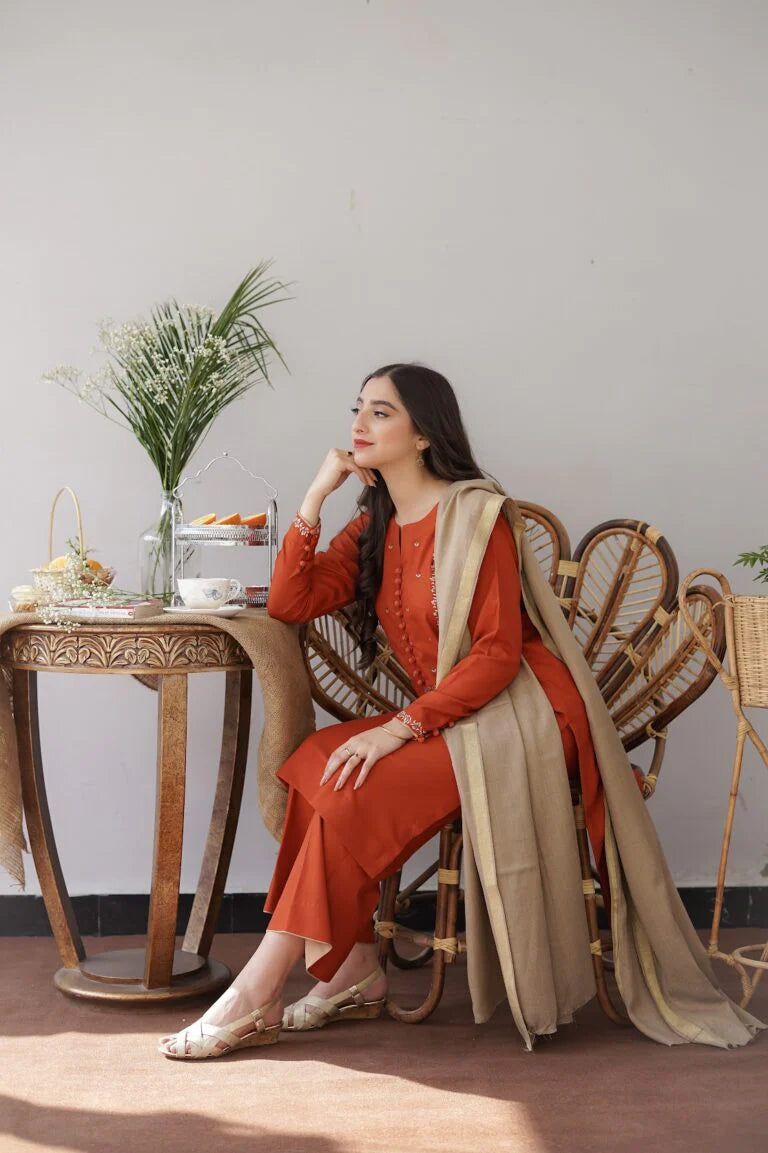 ZAB308 3PC Dhanak suit with Embroidered Shawll