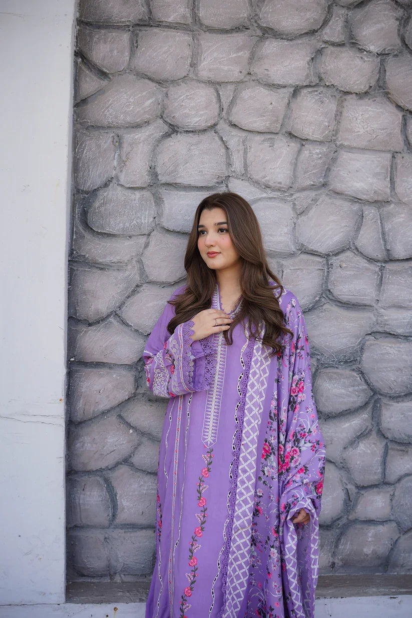 Saira Rizwan - 3PC Dhanak Chikankari Embroidered Shirt Pashmina Printed Dupatta - zab1565