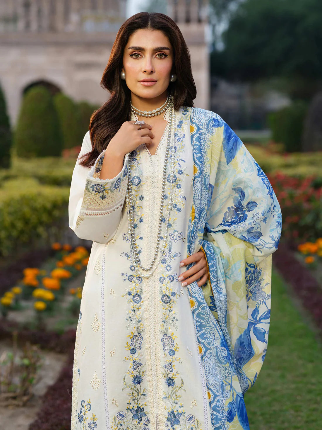 IZEL-3PC DHANAK EMBROIDERED SHIRT WITH COURTRAI WOOL PRINT SHAWL - zab1263
