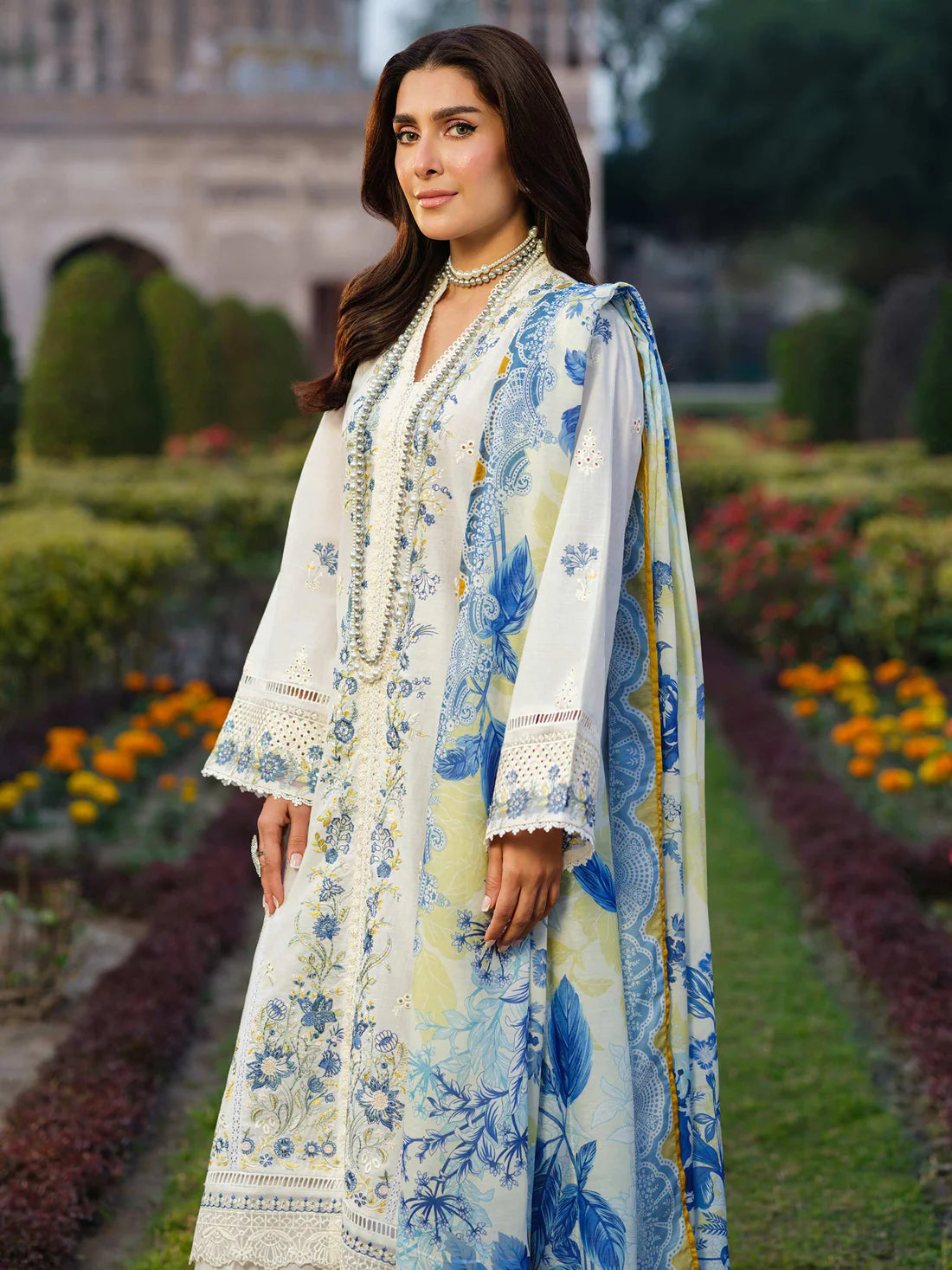 IZEL-3PC DHANAK EMBROIDERED SHIRT WITH COURTRAI WOOL PRINT SHAWL - zab1263