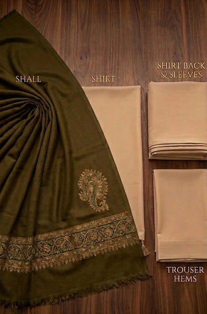 Premium Beige & Olive Green 3-Piece Unstitched Suit with Printed Shawl - zab1516