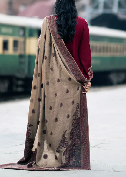 Embroidered 3pc Dhanak dress with Print shawl - zab1142