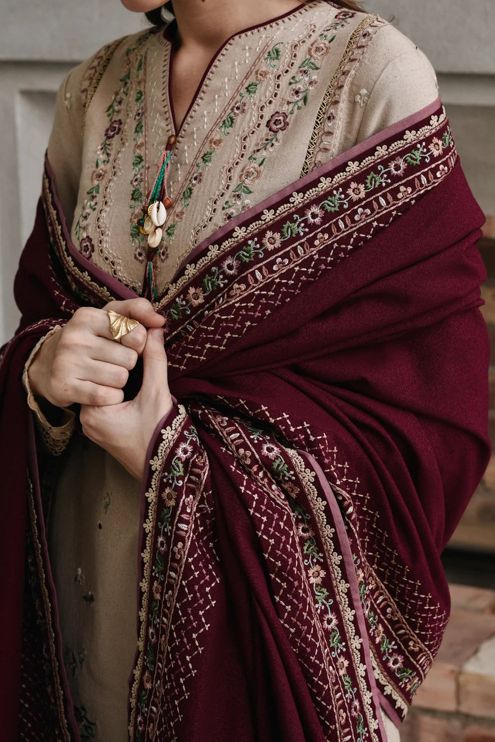 JAZMIN - 3PC DHANAK EMBROIDERED SHIRT WITH DHANAK EMBROIDERED SHAWL AND TROUSER - zab1258