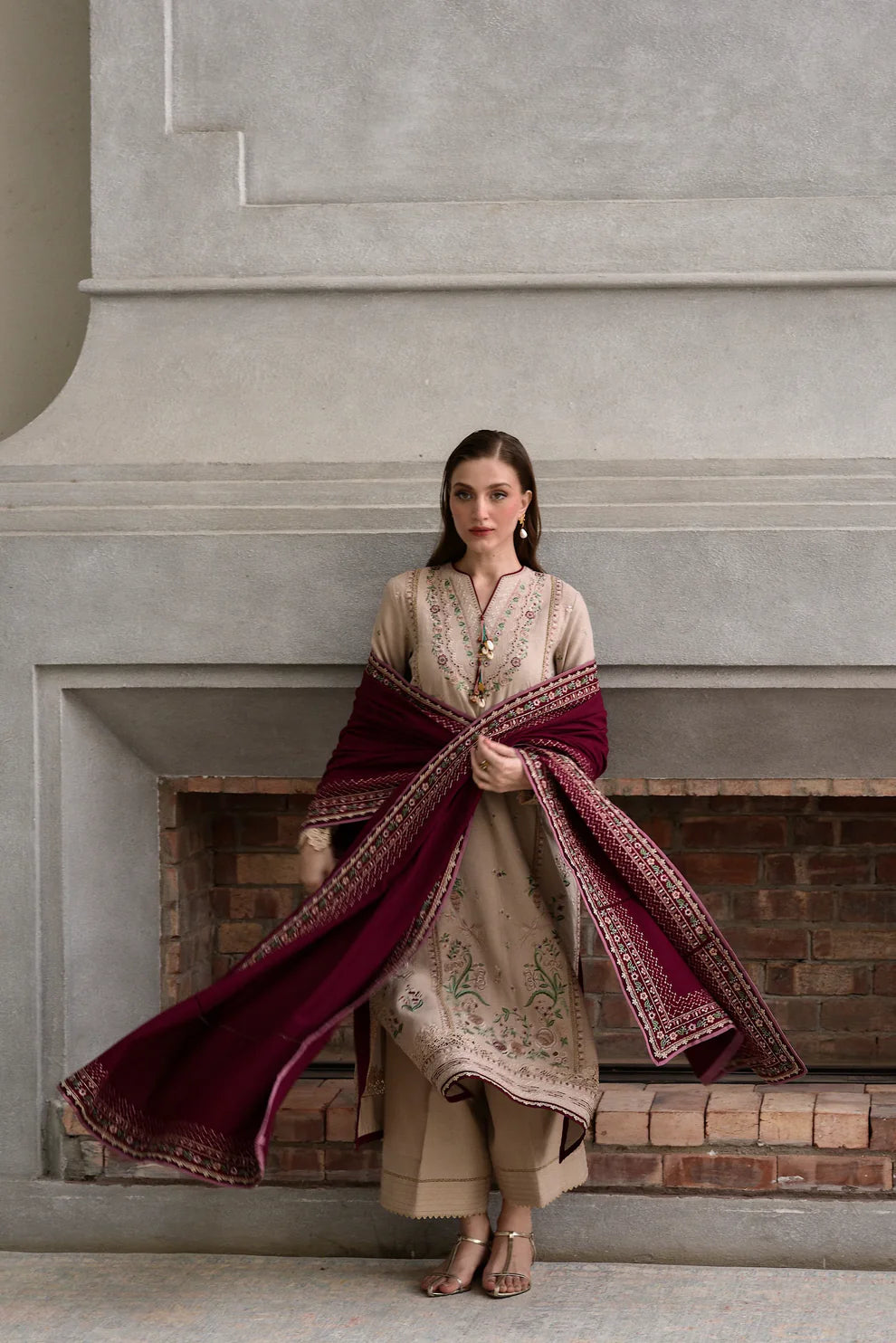 JAZMIN - 3PC DHANAK EMBROIDERED SHIRT WITH DHANAK EMBROIDERED SHAWL AND TROUSER - zab1258