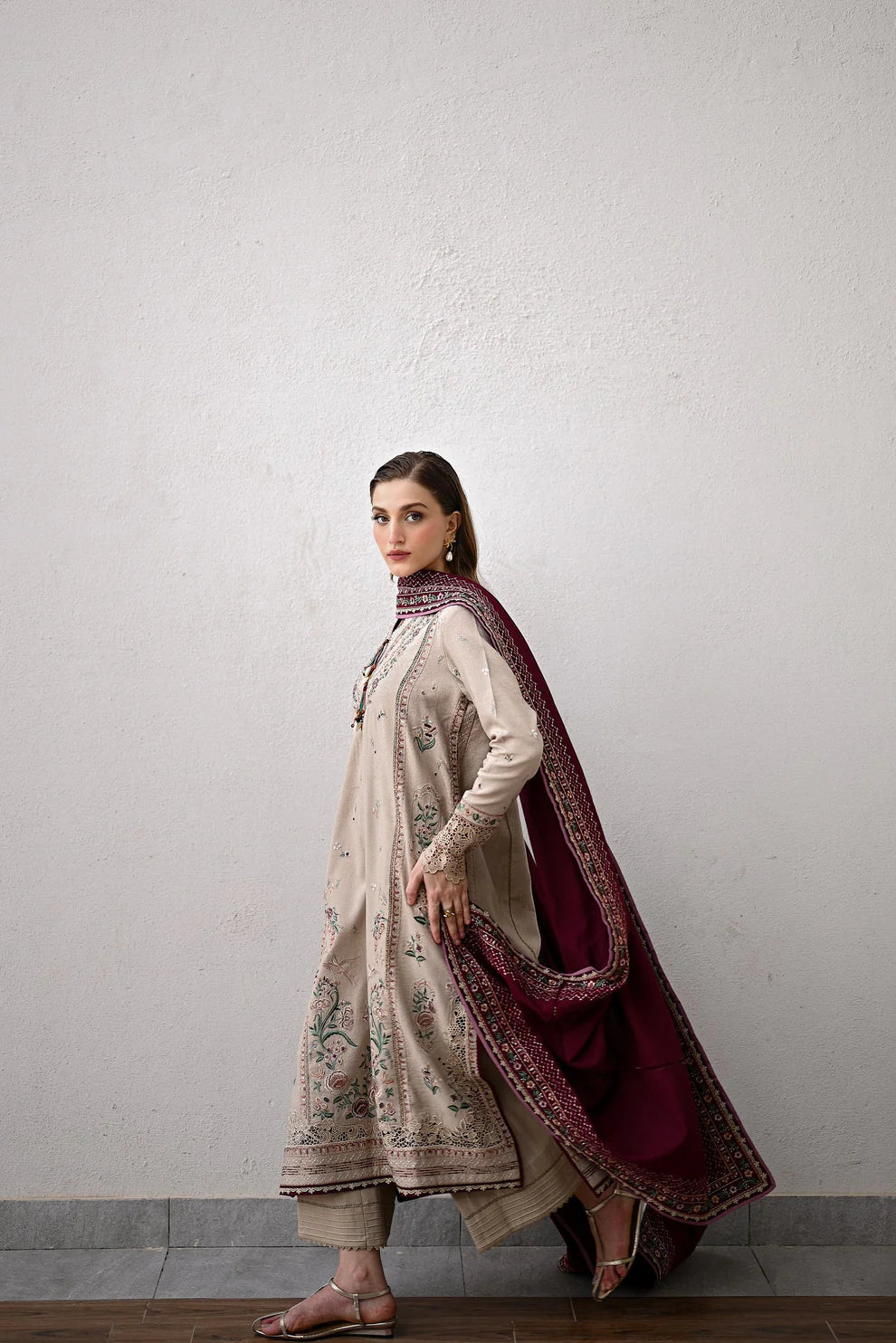 JAZMIN - 3PC DHANAK EMBROIDERED SHIRT WITH DHANAK EMBROIDERED SHAWL AND TROUSER - zab1258