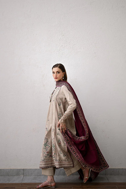 JAZMIN - 3PC DHANAK EMBROIDERED SHIRT WITH DHANAK EMBROIDERED SHAWL AND TROUSER - zab1258