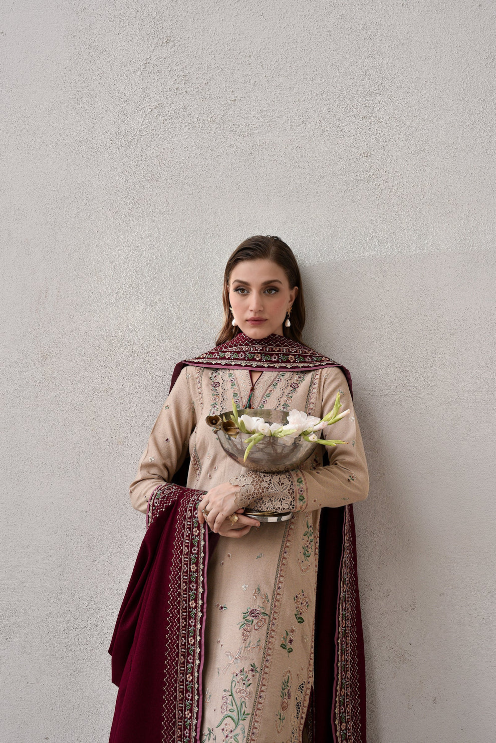 JAZMIN - 3PC DHANAK EMBROIDERED SHIRT WITH DHANAK EMBROIDERED SHAWL AND TROUSER - zab1258