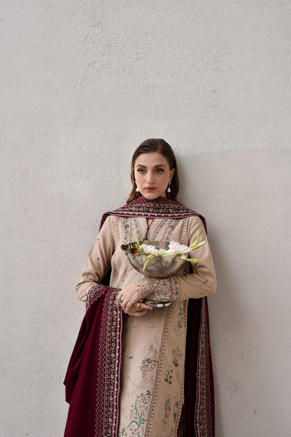 JAZMIN - 3PC DHANAK EMBROIDERED SHIRT WITH DHANAK EMBROIDERED SHAWL AND TROUSER - zab1258