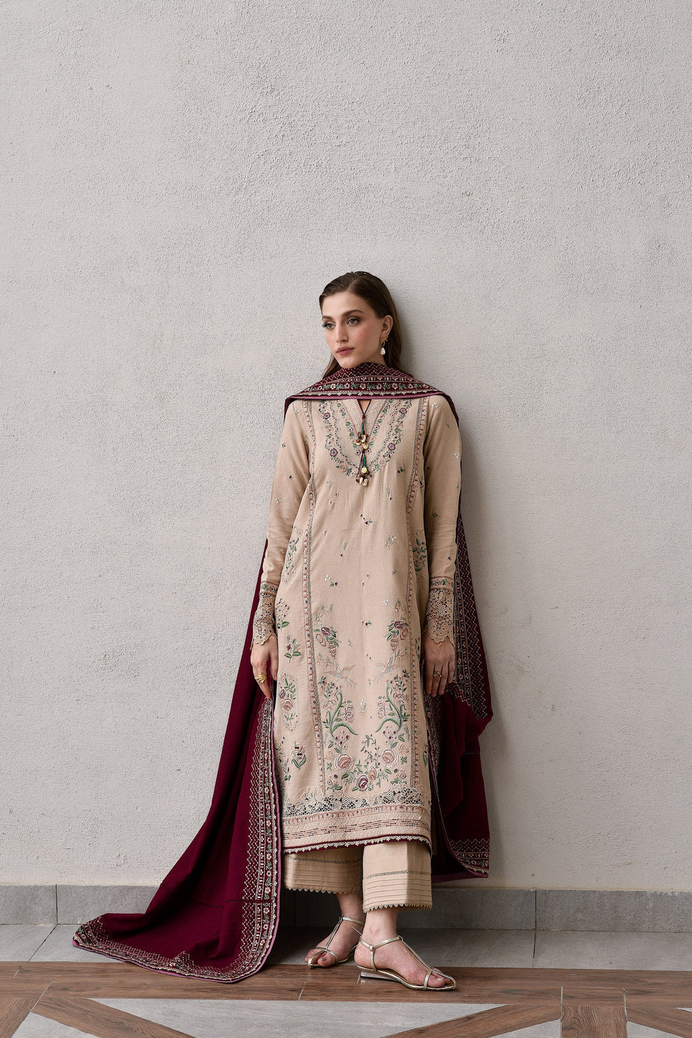JAZMIN - 3PC DHANAK EMBROIDERED SHIRT WITH DHANAK EMBROIDERED SHAWL AND TROUSER - zab1258