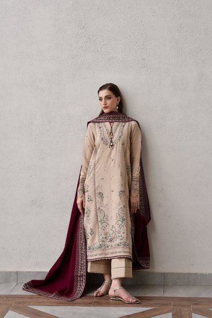 JAZMIN - 3PC DHANAK EMBROIDERED SHIRT WITH DHANAK EMBROIDERED SHAWL AND TROUSER - zab1258