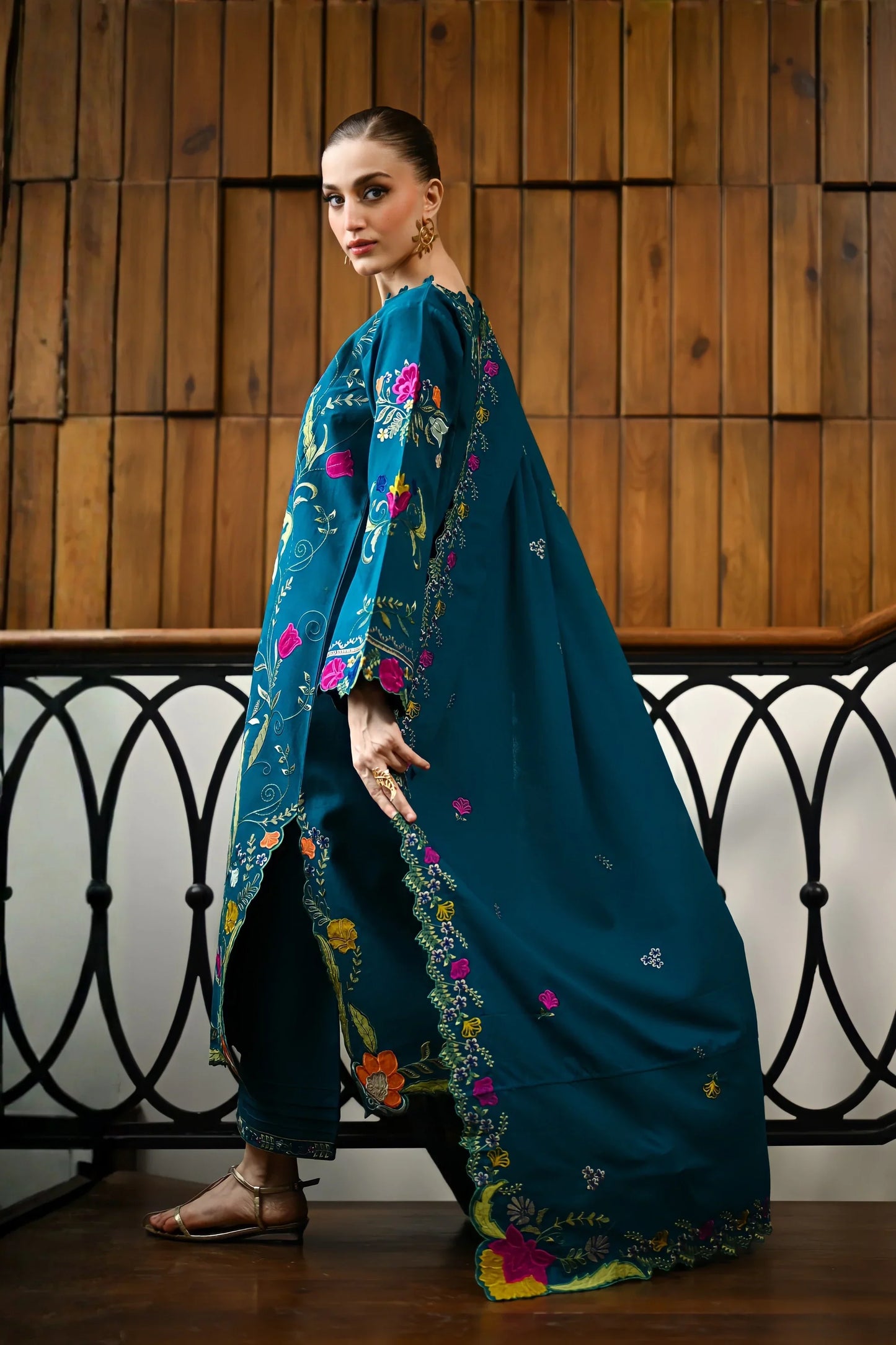 Nisa - 3PC DHANAK EMBROIDERED SHIRT WITH DHANAK EMBROIDERED SHAWL - zab1244