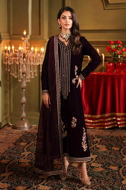 Velvet Embroidered Dress With Embroidered Chiffon Dupatta - zab947