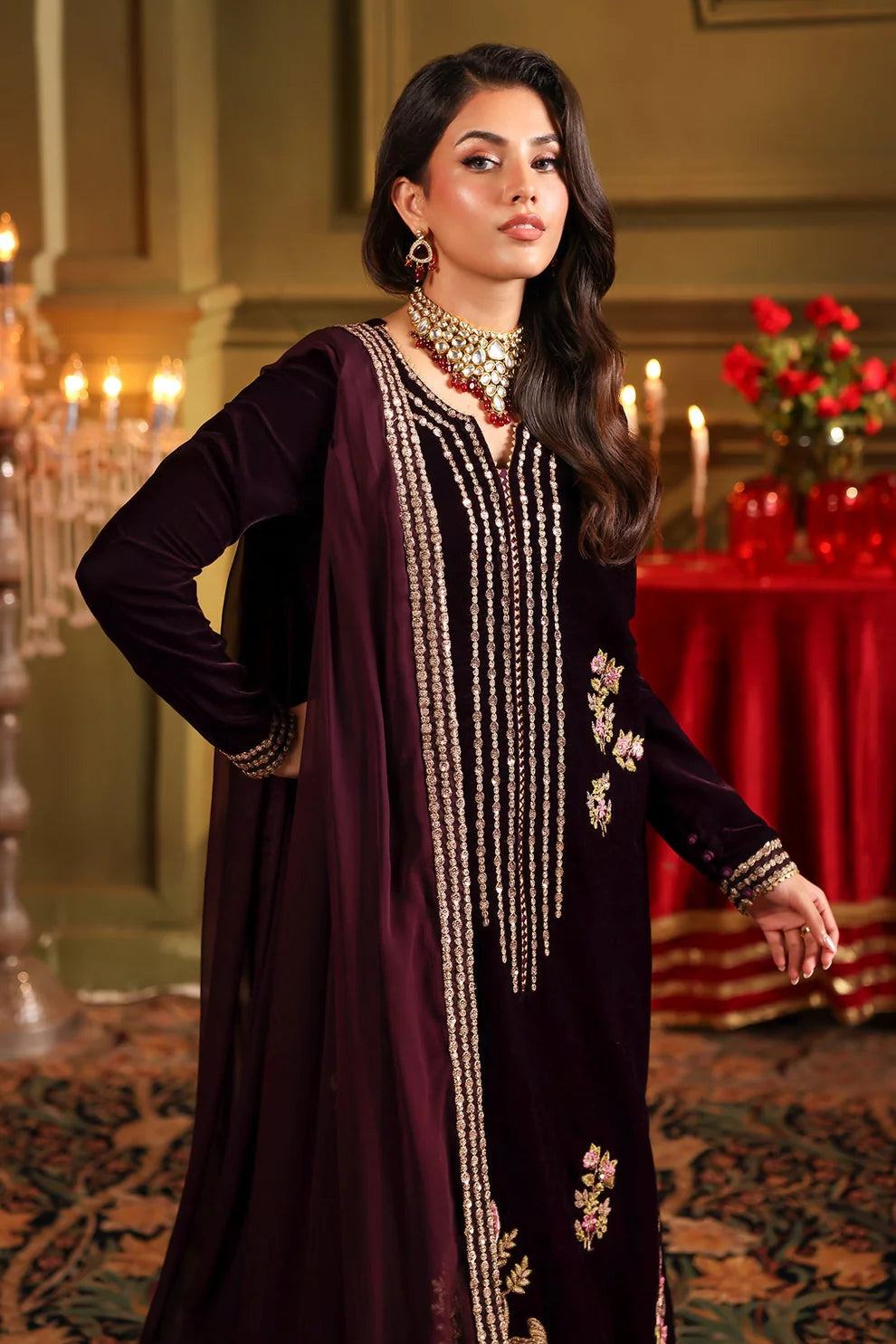 Velvet Embroidered Dress With Embroidered Chiffon Dupatta - zab947