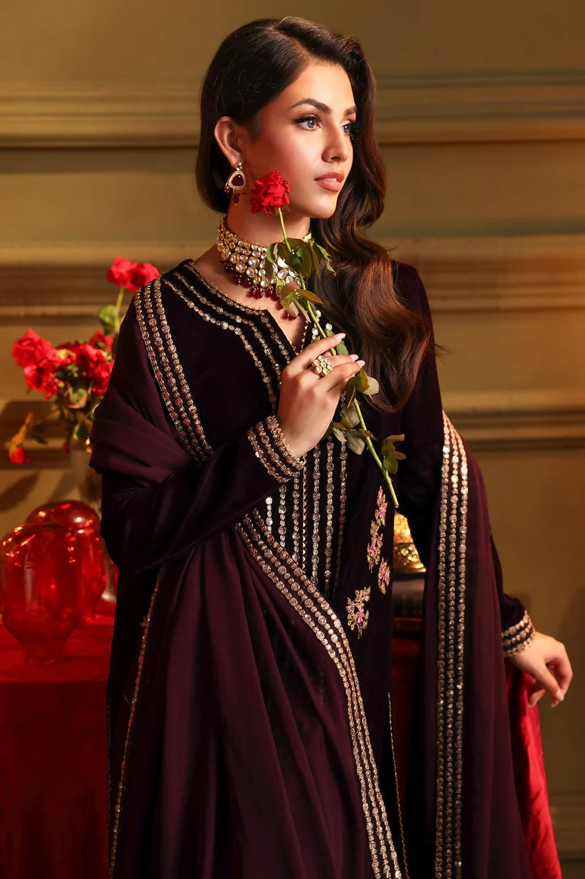 Velvet Embroidered Dress With Embroidered Chiffon Dupatta - zab947