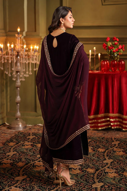 Velvet Embroidered Dress With Embroidered Chiffon Dupatta - zab947