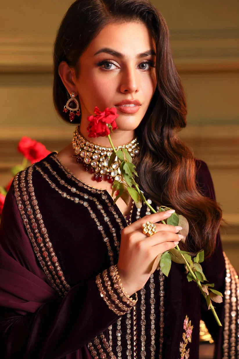 Velvet Embroidered Dress With Embroidered Chiffon Dupatta - zab947