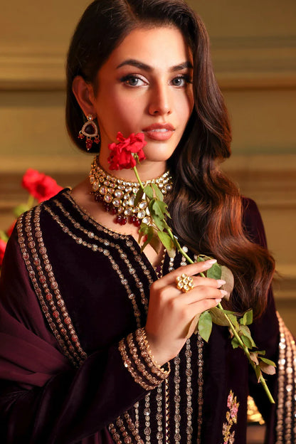 Velvet Embroidered Dress With Embroidered Chiffon Dupatta - zab947