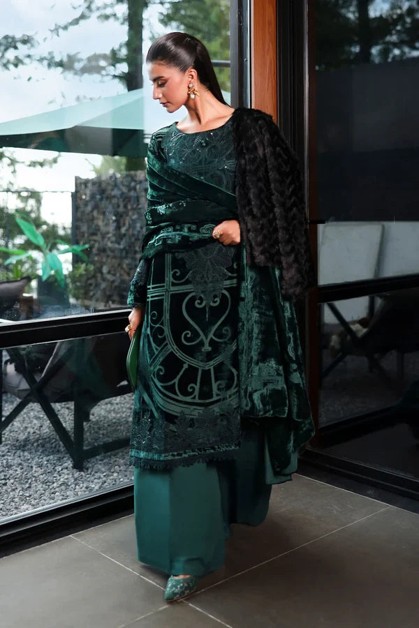 MARIA B - Luxury Velvet with heavy embroidered spangle work Velvet Shawl - zab998