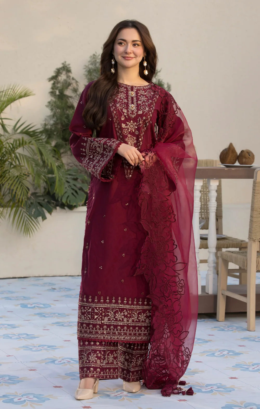 3PCs Embroidered Lawn Dress With Organza Embroidered Dupatta zab1015