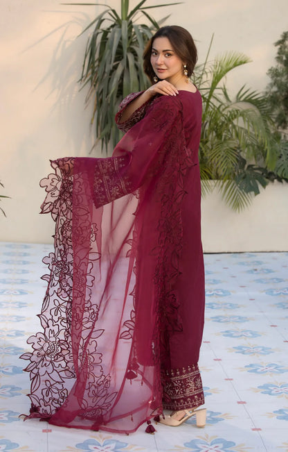 3PCs Embroidered Lawn Dress With Organza Embroidered Dupatta zab1015