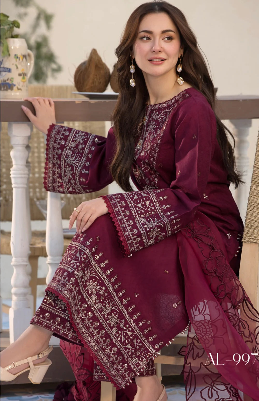 3PCs Embroidered Lawn Dress With Organza Embroidered Dupatta zab1015