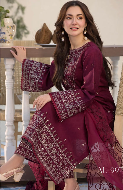 3PCs Embroidered Lawn Dress With Organza Embroidered Dupatta zab1015