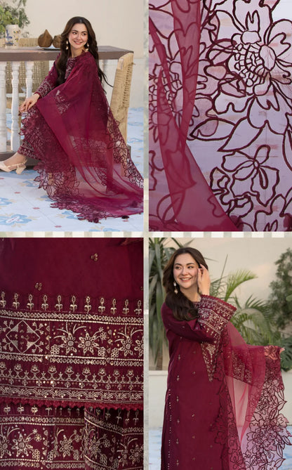 3PCs Embroidered Lawn Dress With Organza Embroidered Dupatta zab1015