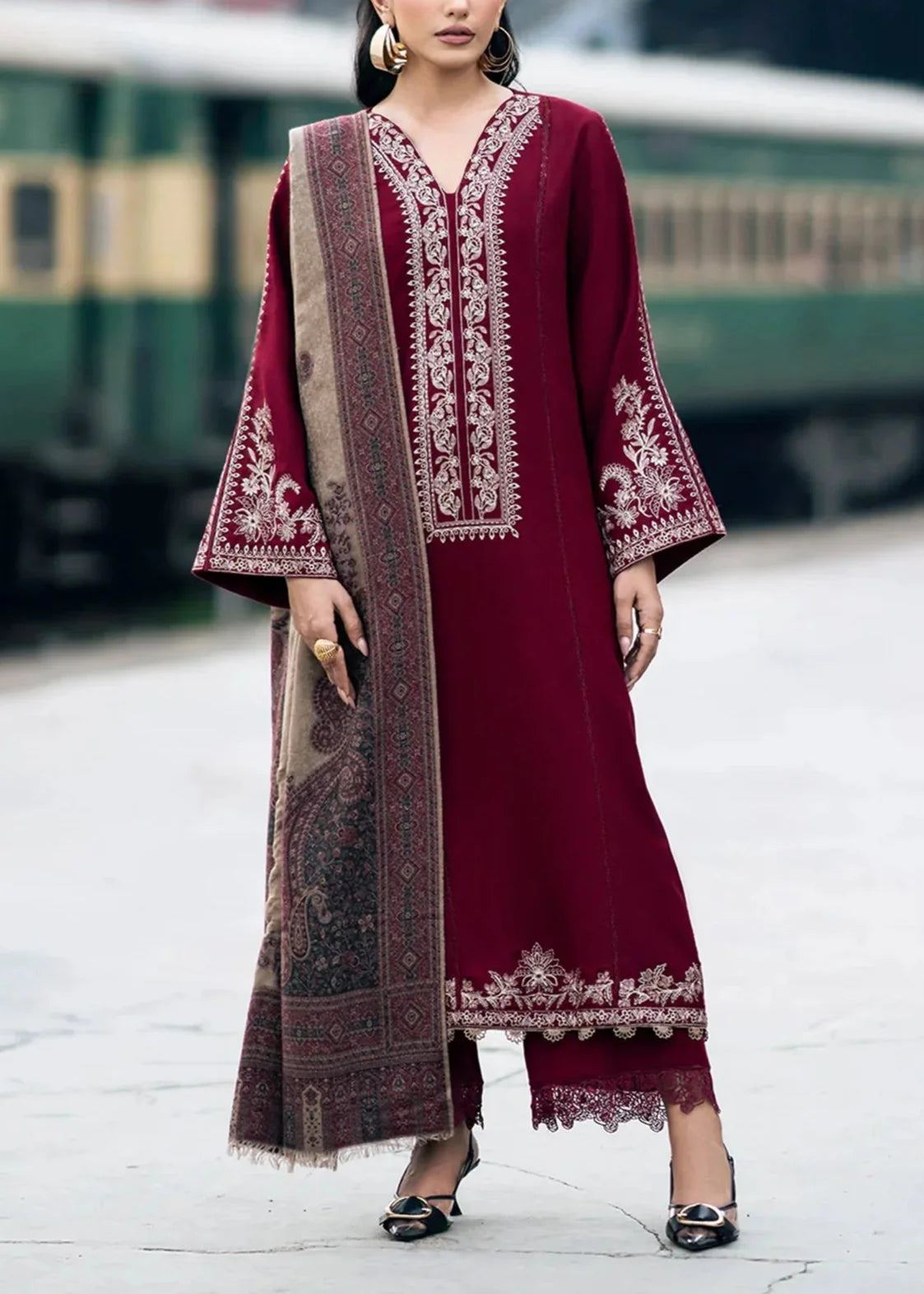 Embroidered 3pc Dhanak dress with Print shawl - zab1142