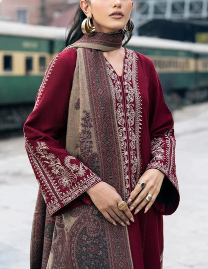 Embroidered 3pc Dhanak dress with Print shawl - zab1142