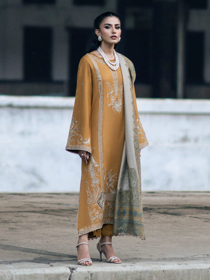 IZEL- DHANAK EMBROIDERED SHIRT WITH COUTRAI PRINT SHAWL - zab1241